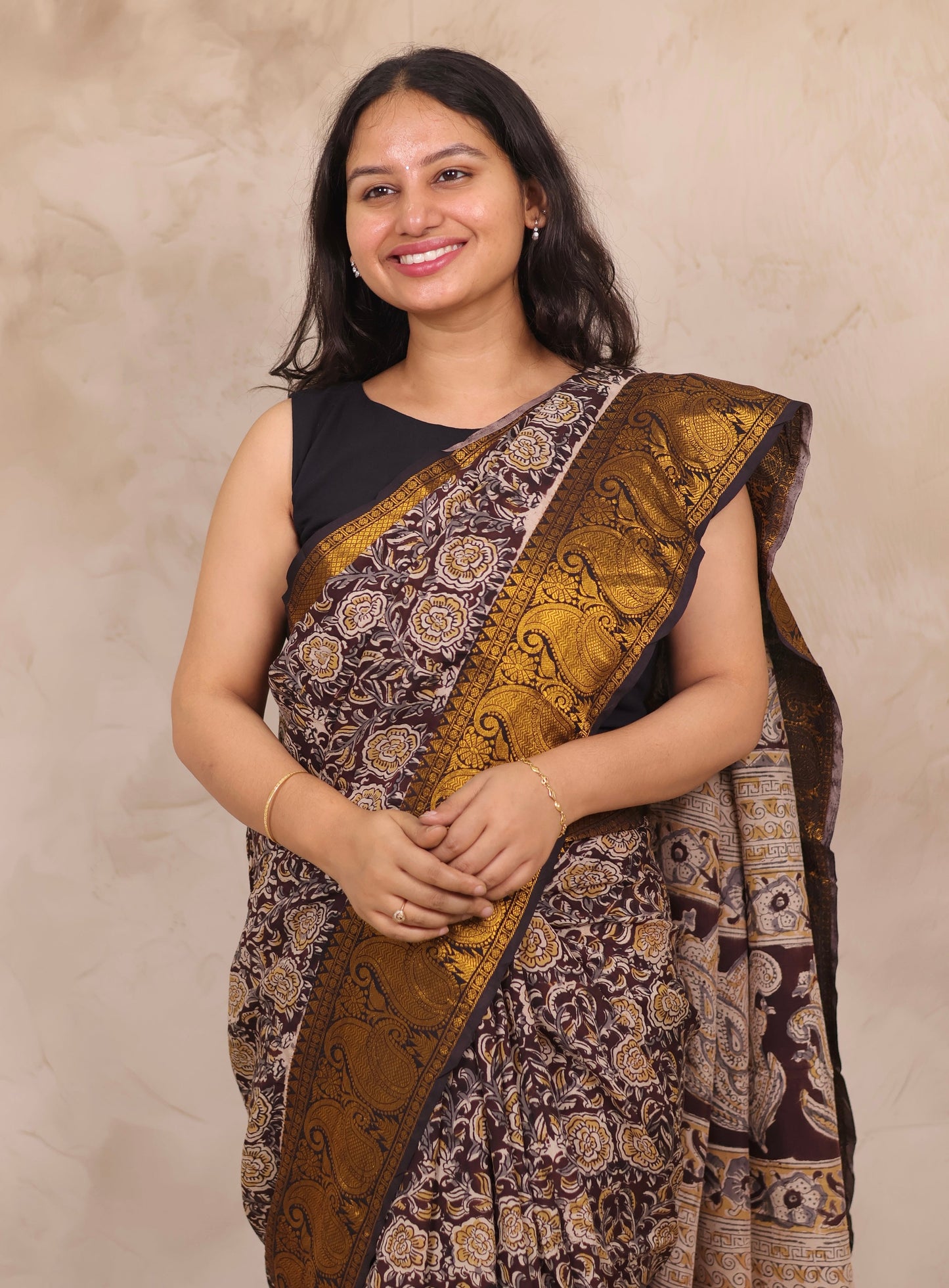 Brown Hand Block Printed Kalamkari Kanchi Border Chennur Silk Saree