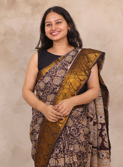 Brown Hand Block Printed Kalamkari Kanchi Border Chennur Silk Saree