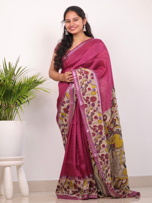 Magenta Plain Gap Border Kalamkari Premium Chennur Silk Saree