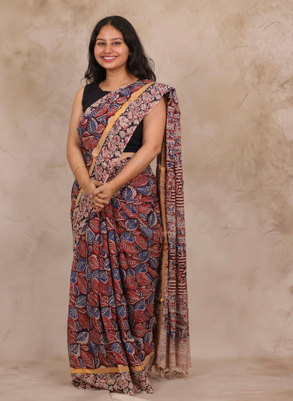 Red Hand Block Printed Kalamkari Chennur Silk Saree