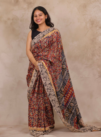 Red Hand Block Printed Kalamkari Chennur Silk Saree