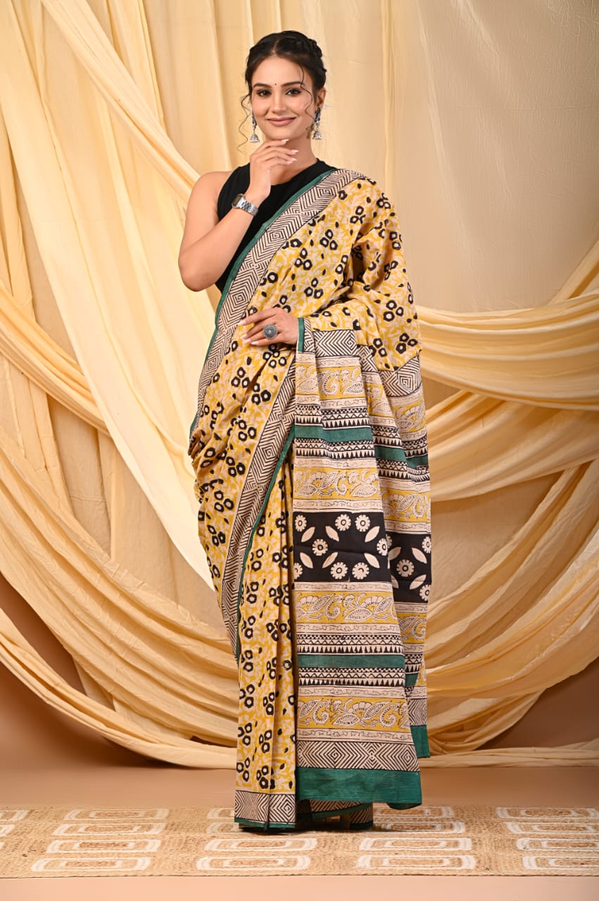 Premium Mul Cotton Hand Block Printed Saree With Blouse Piece