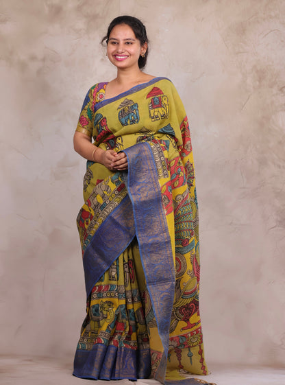 Hand Drawn Pen Kalamkari Parrot Green And Blue Bangalore Silk Kanchi Border Saree