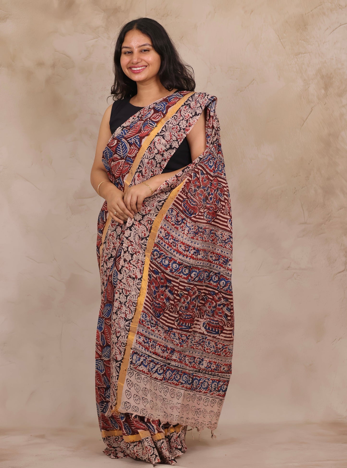 Red Hand Block Printed Kalamkari Chennur Silk Saree