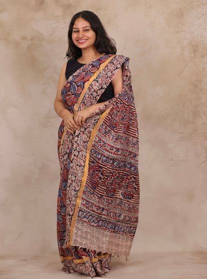 Red Hand Block Printed Kalamkari Chennur Silk Saree