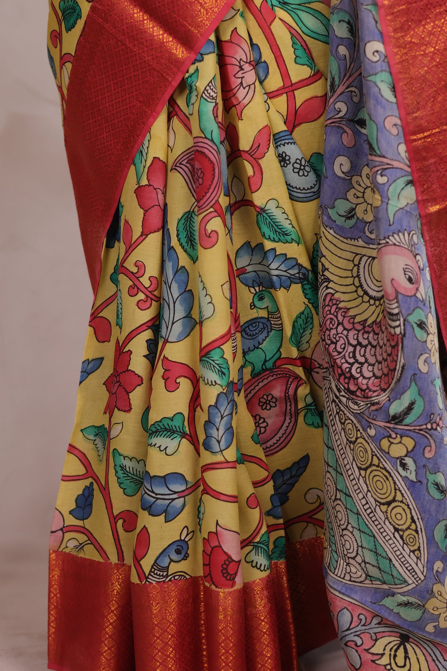 Hand Drawn Pen Kalamkari Light Yellow And Red Bangalore Silk Kanchi Border Saree