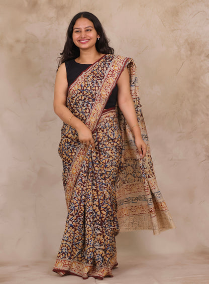 Maroon Hand Block Printed Kalamkari Chennur Silk Saree