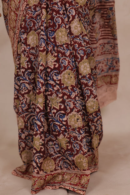 Maroon Hand Block Printed Kalamkari Chennur Silk Saree