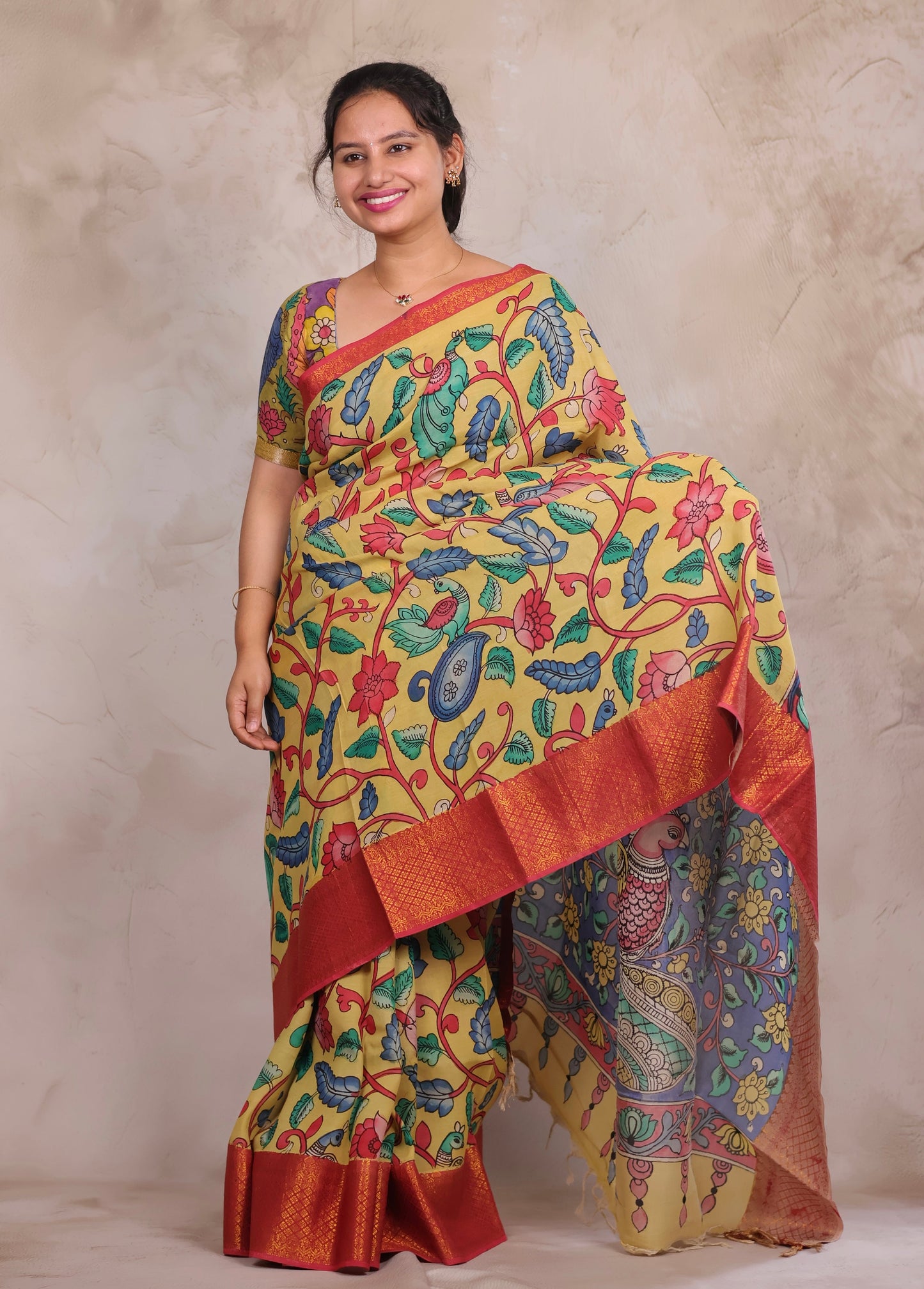 Hand Drawn Pen Kalamkari Light Yellow And Red Bangalore Silk Kanchi Border Saree