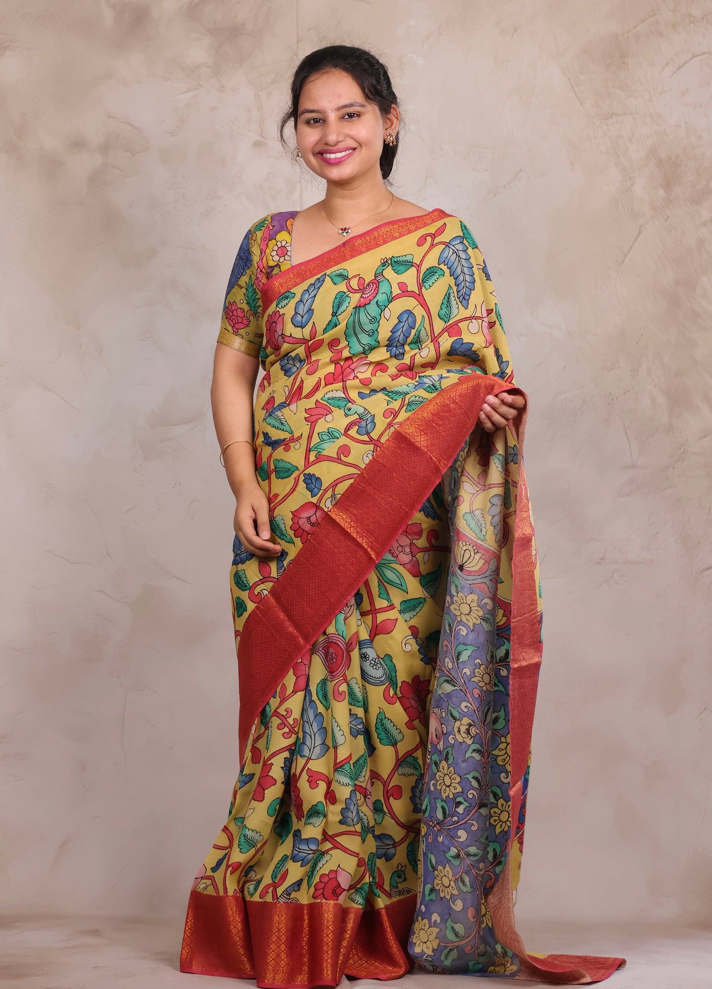 Hand Drawn Pen Kalamkari Light Yellow And Red Bangalore Silk Kanchi Border Saree