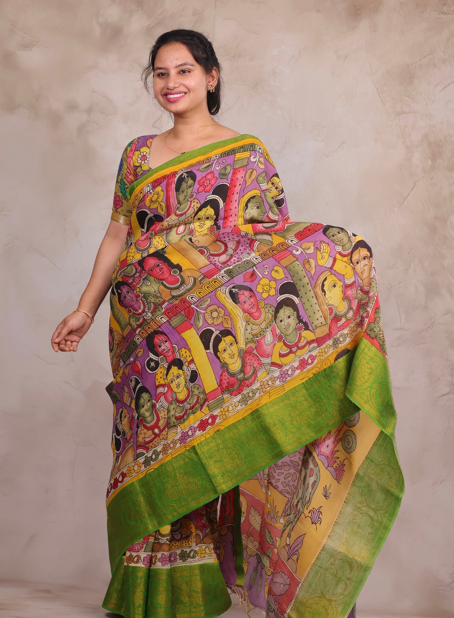 Hand Drawn Pen Kalamkari Lavender And Green Bangalore Silk Kanchi Border Saree