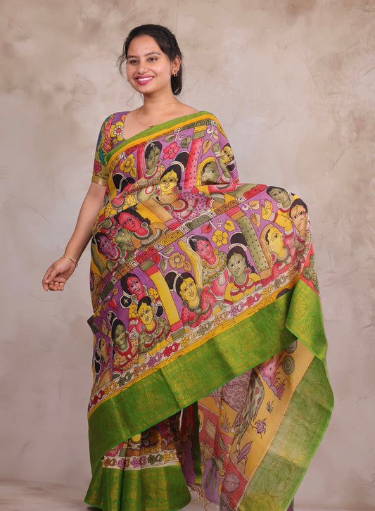 Hand Drawn Pen Kalamkari Lavender And Green Bangalore Silk Kanchi Border Saree