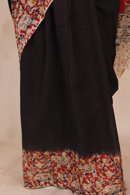 Black Hand Block Printed Kalamkari Cotton Saree