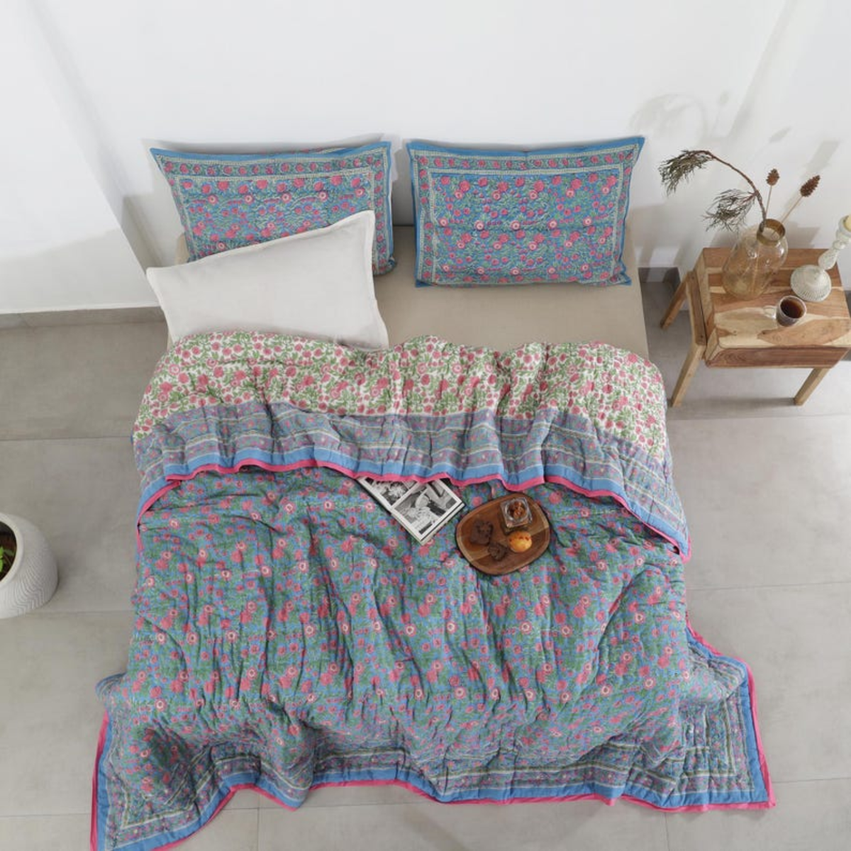 Blue Pink Hand Block Printed Reversible Mughal Mulmul Cotton Quilt For Bed