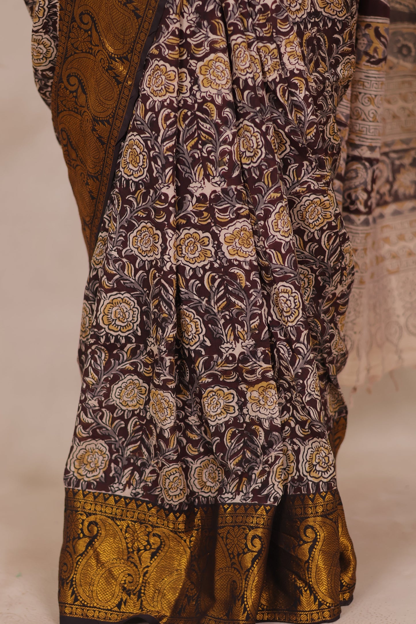 Brown Hand Block Printed Kalamkari Kanchi Border Chennur Silk Saree