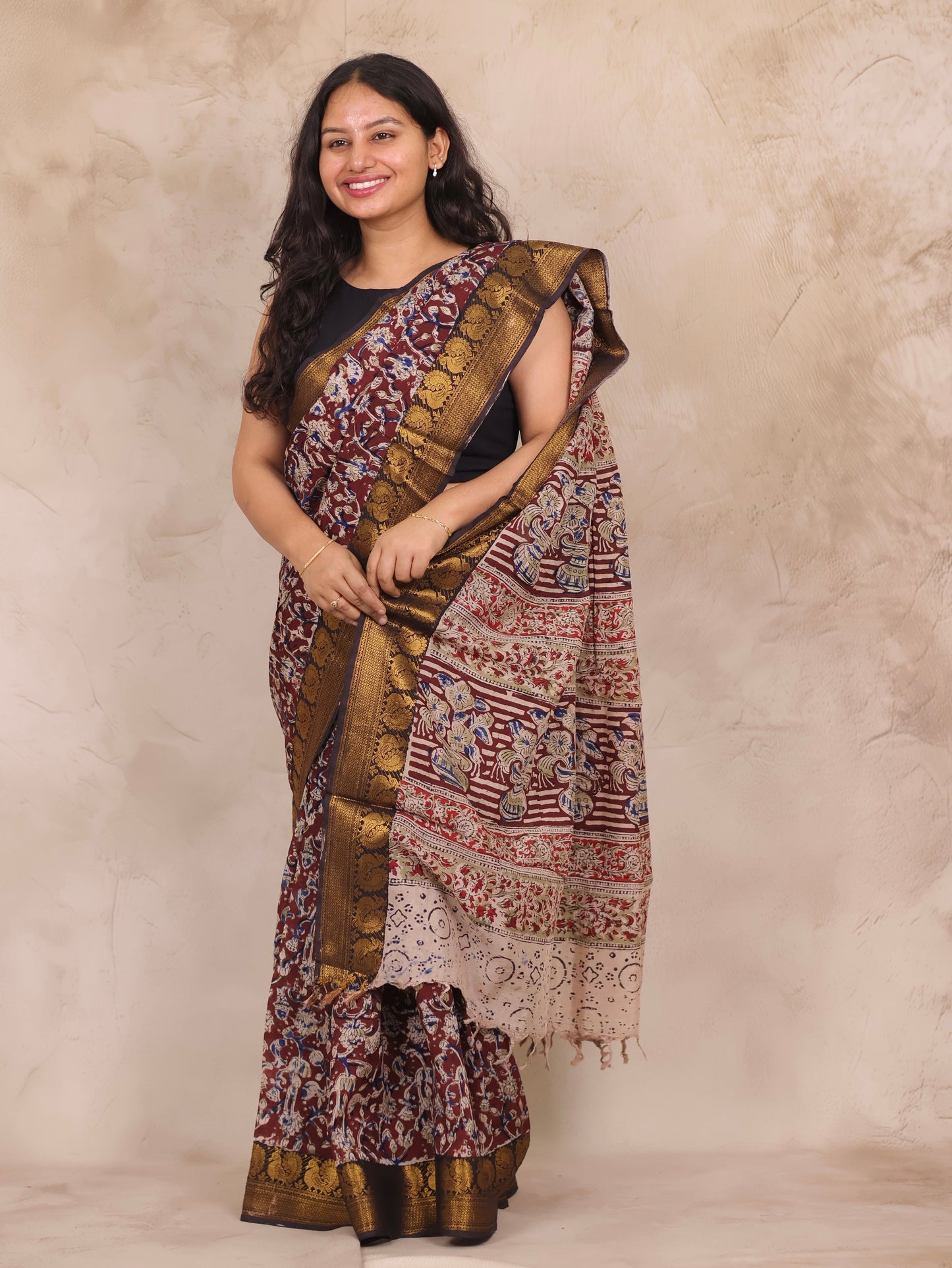 Maroon Hand Block Printed Kalamkari Kanchi Border Chennur Silk Saree