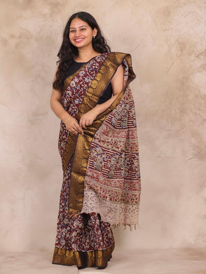 Maroon Hand Block Printed Kalamkari Kanchi Border Chennur Silk Saree