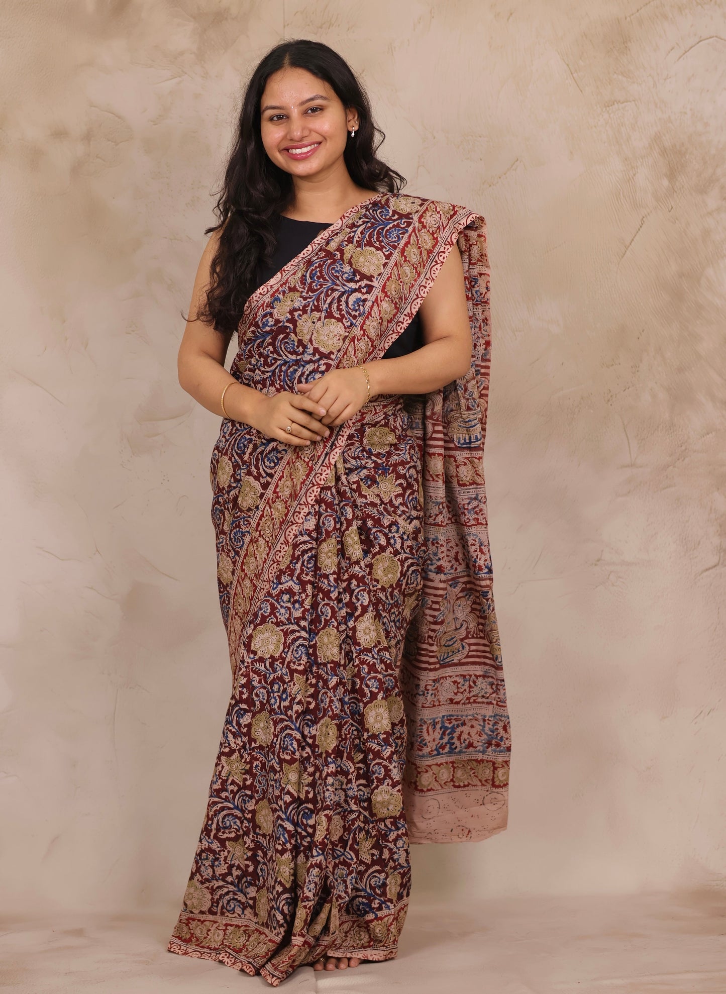 Maroon Hand Block Printed Kalamkari Chennur Silk Saree