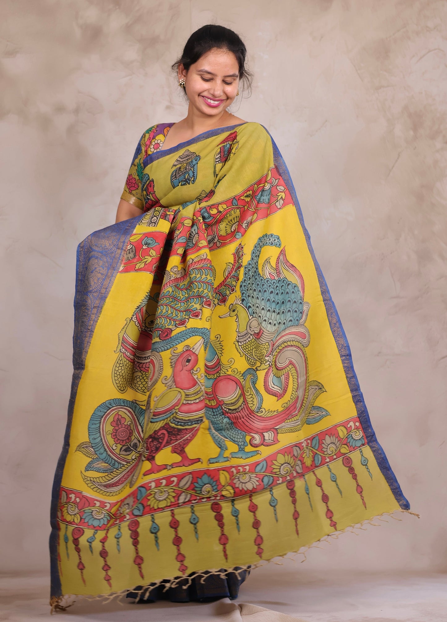 Hand Drawn Pen Kalamkari Parrot Green And Blue Bangalore Silk Kanchi Border Saree