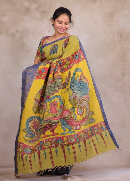 Hand Drawn Pen Kalamkari Parrot Green And Blue Bangalore Silk Kanchi Border Saree