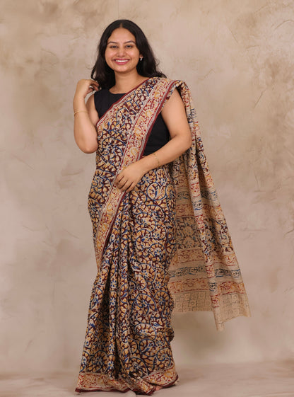 Maroon Hand Block Printed Kalamkari Chennur Silk Saree