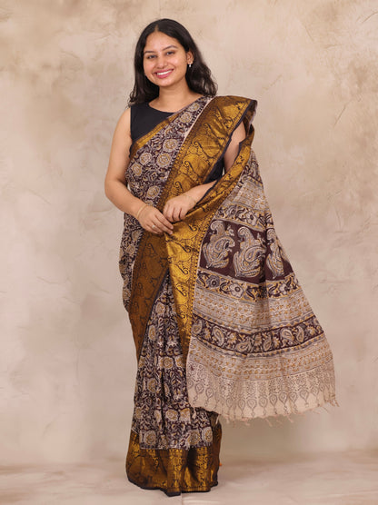 Brown Hand Block Printed Kalamkari Kanchi Border Chennur Silk Saree