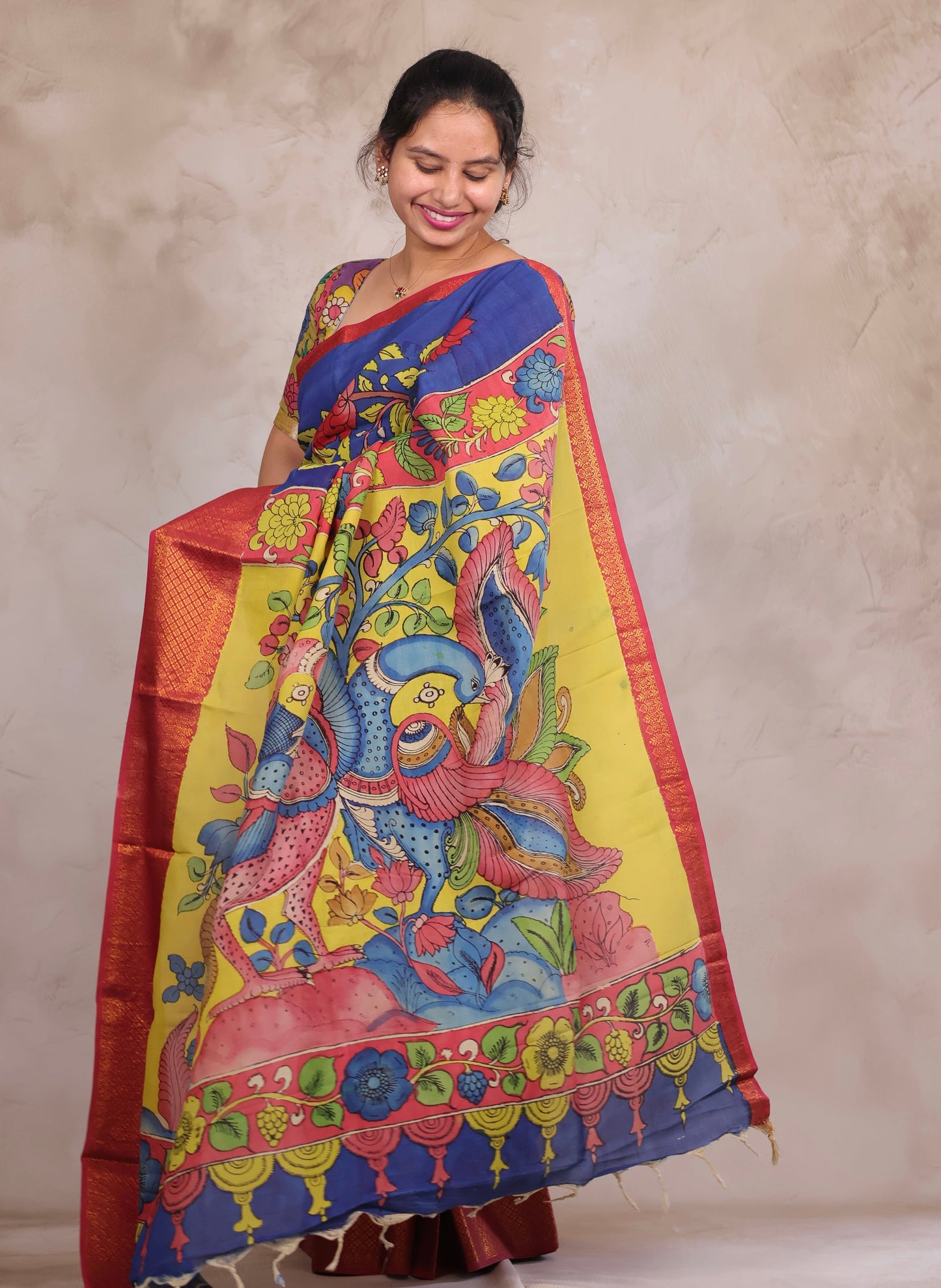 Hand Drawn Pen Kalamkari Blue And Red Bangalore Silk Kanchi Border Saree