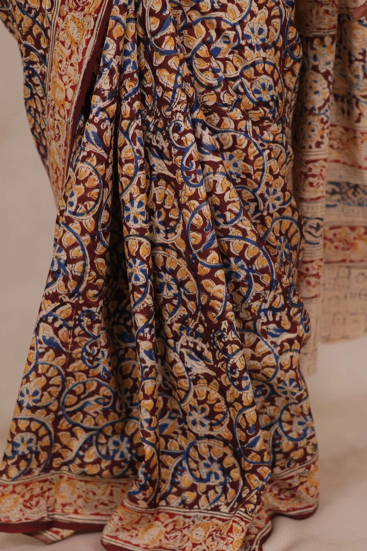 Maroon Hand Block Printed Kalamkari Chennur Silk Saree