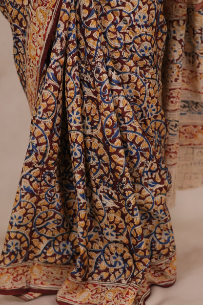 Maroon Hand Block Printed Kalamkari Chennur Silk Saree