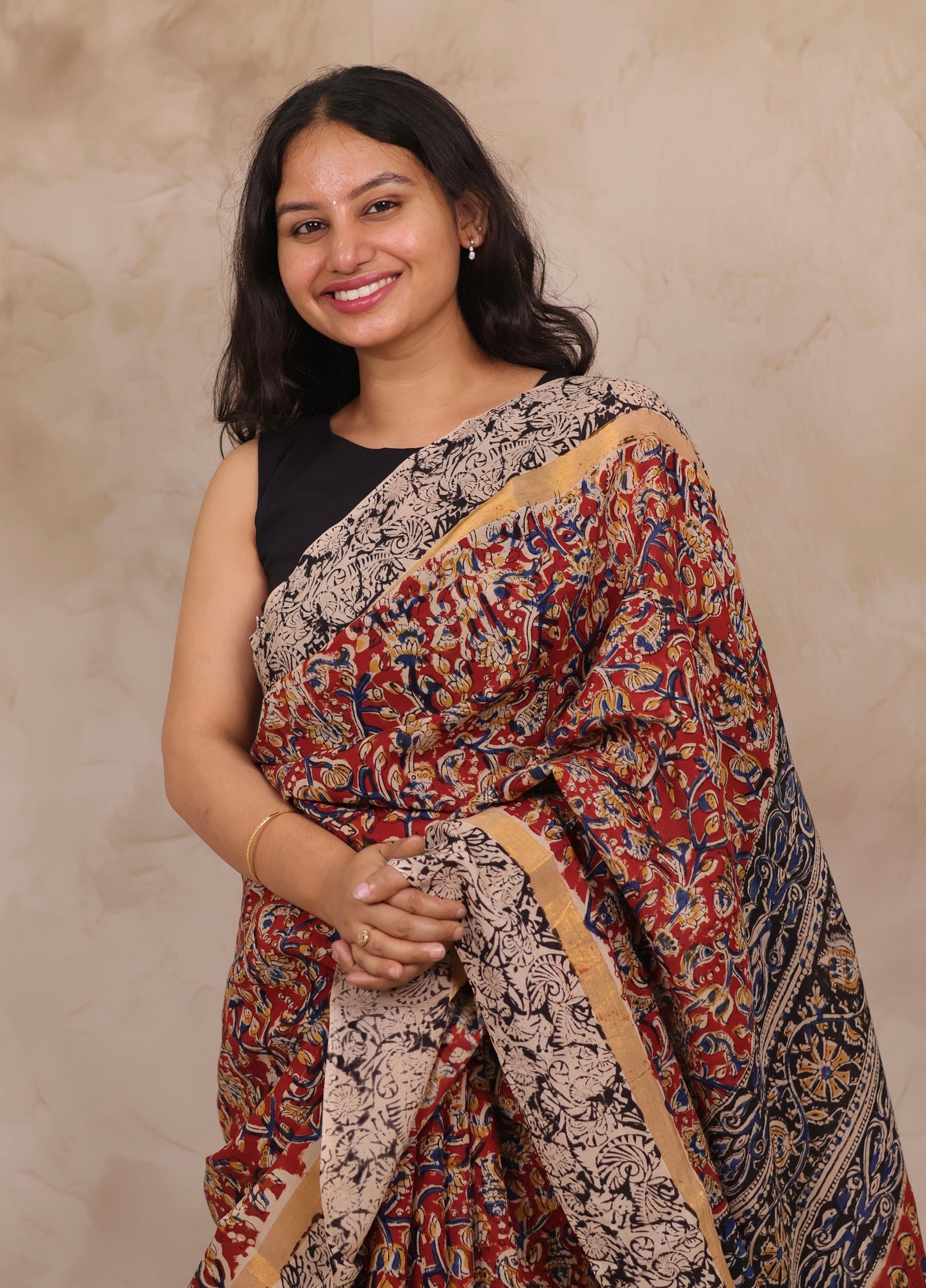 Red Hand Block Printed Kalamkari Chennur Silk Saree