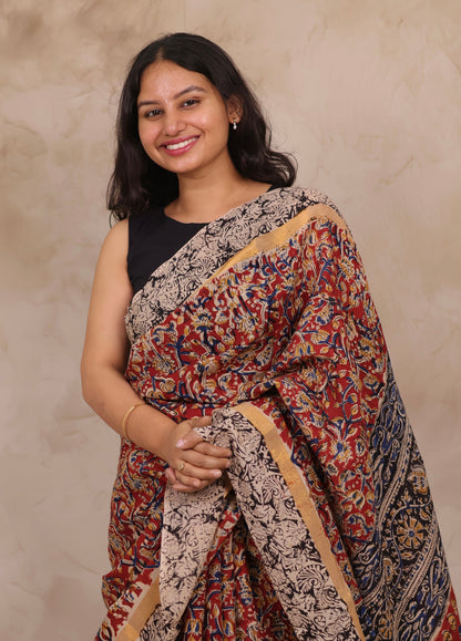 Red Hand Block Printed Kalamkari Chennur Silk Saree