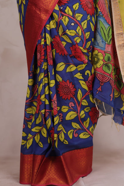 Hand Drawn Pen Kalamkari Blue And Red Bangalore Silk Kanchi Border Saree