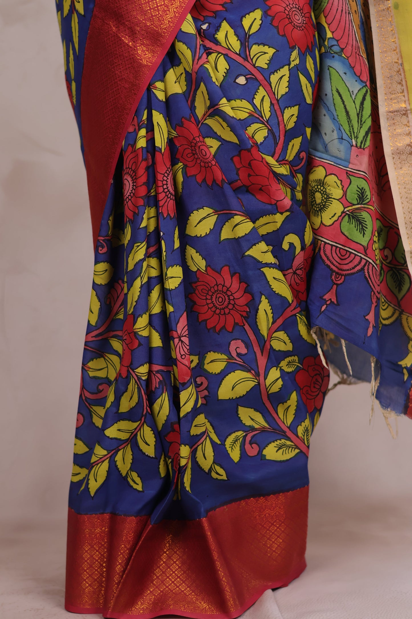 Hand Drawn Pen Kalamkari Blue And Red Bangalore Silk Kanchi Border Saree