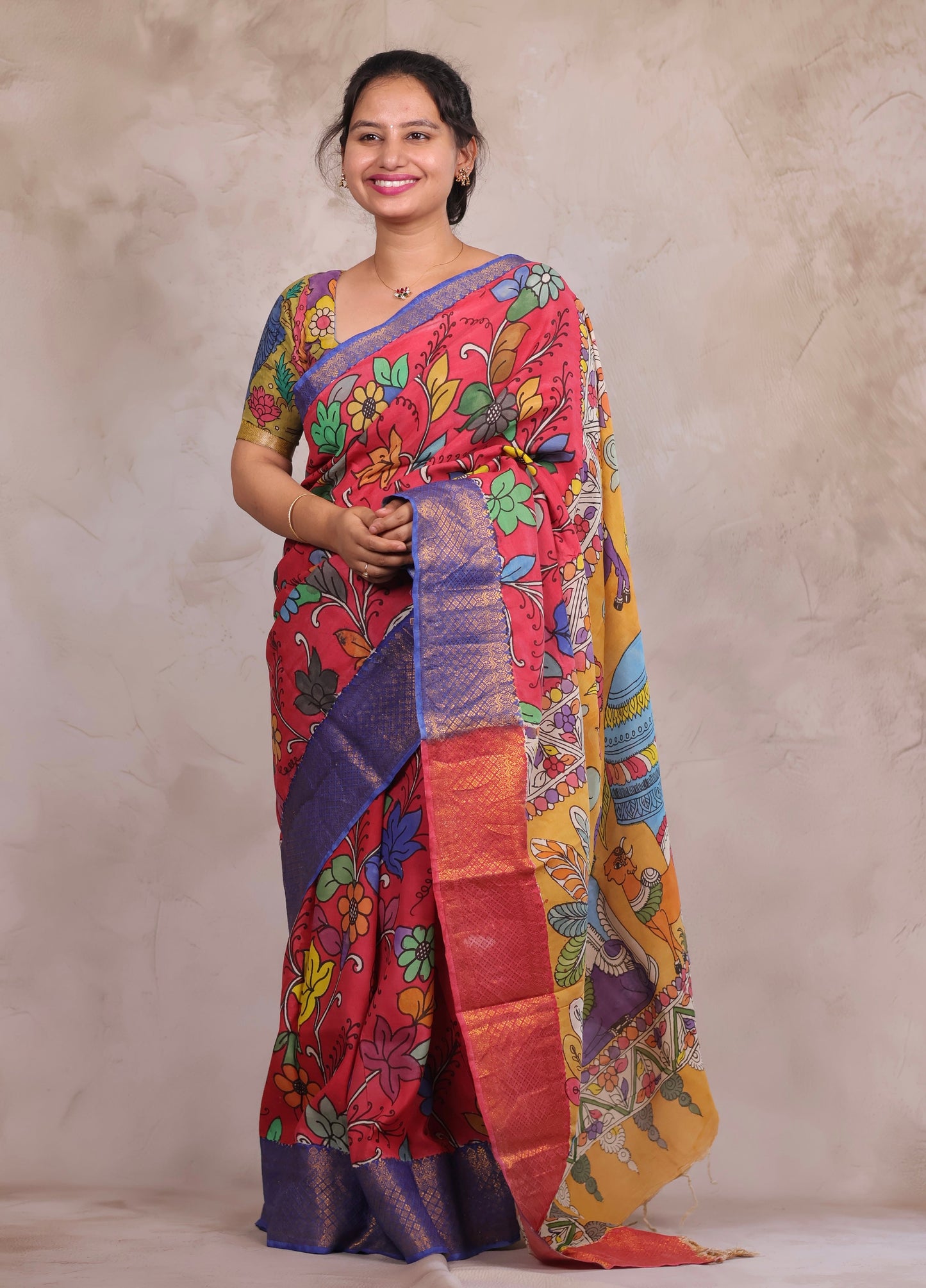 Hand Drawn Pen Kalamkari Pink And Blue Bangalore Silk Kanchi Border Saree