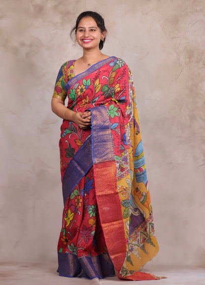 Hand Drawn Pen Kalamkari Pink And Blue Bangalore Silk Kanchi Border Saree