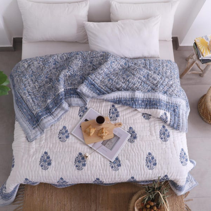 Blue White Indian Jaipuri Hand Block Print Reversible Cotton Quilts for Bed