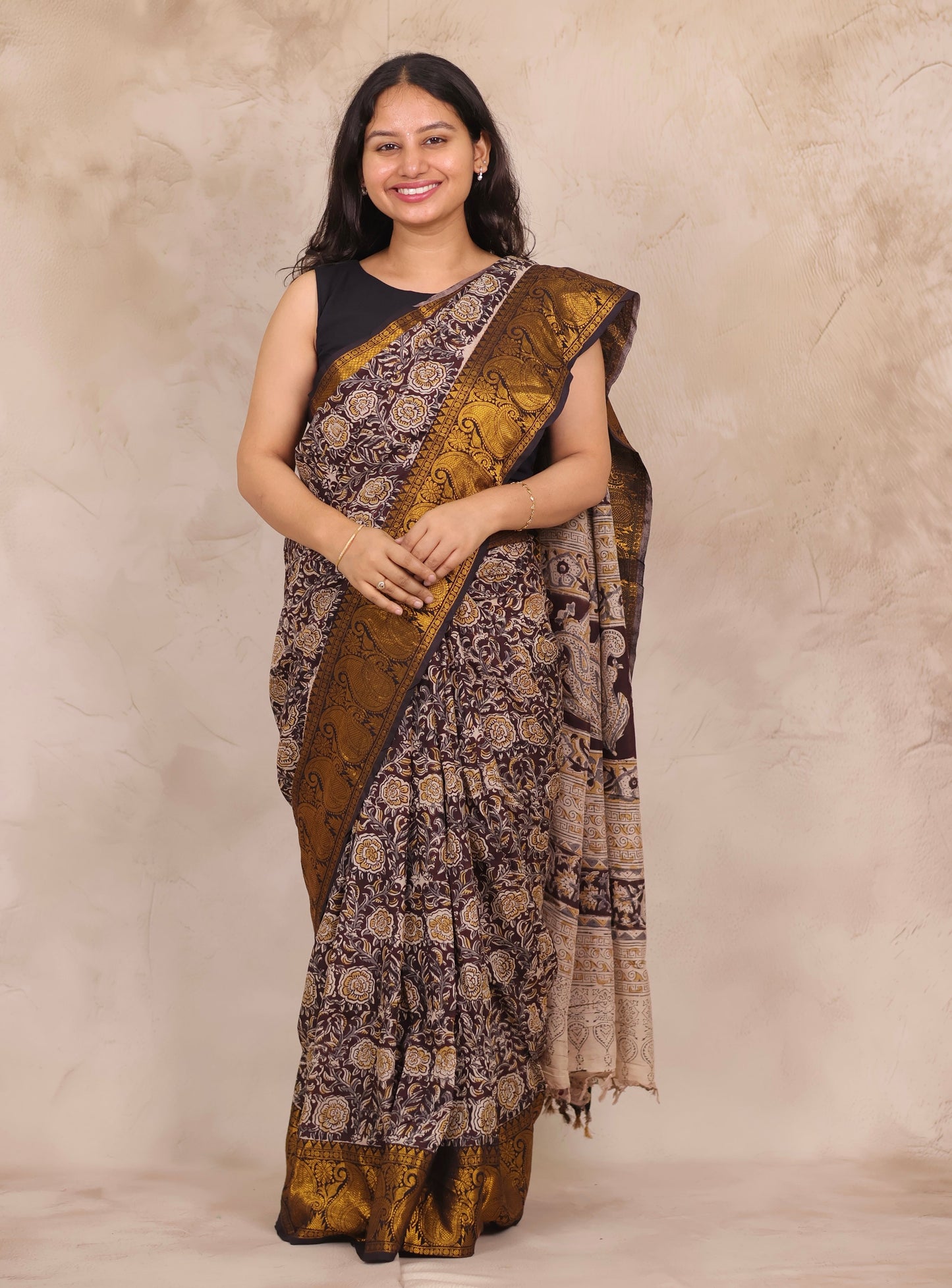 Brown Hand Block Printed Kalamkari Kanchi Border Chennur Silk Saree