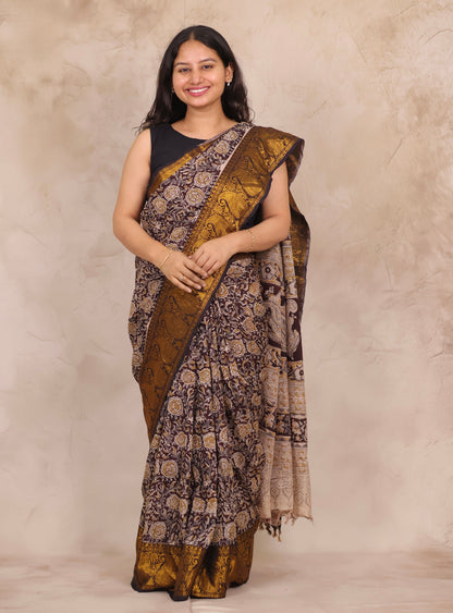 Brown Hand Block Printed Kalamkari Kanchi Border Chennur Silk Saree