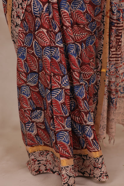 Red Hand Block Printed Kalamkari Chennur Silk Saree
