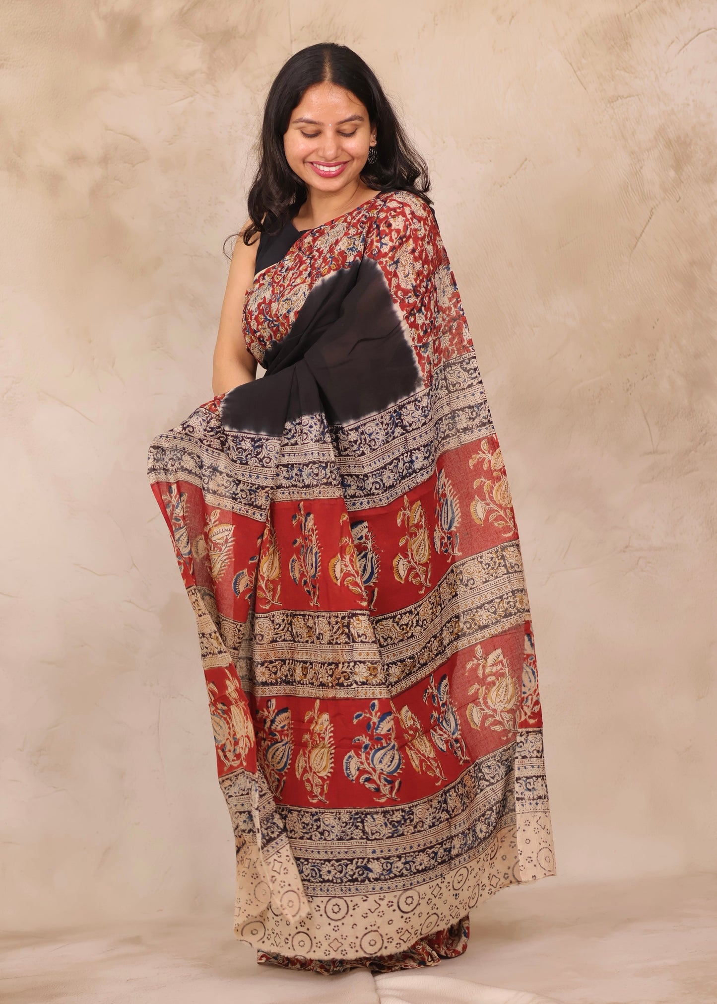 Black Hand Block Printed Kalamkari Cotton Saree