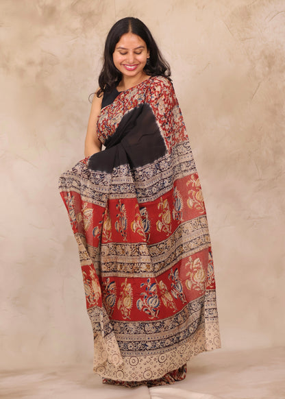 Black Hand Block Printed Kalamkari Cotton Saree