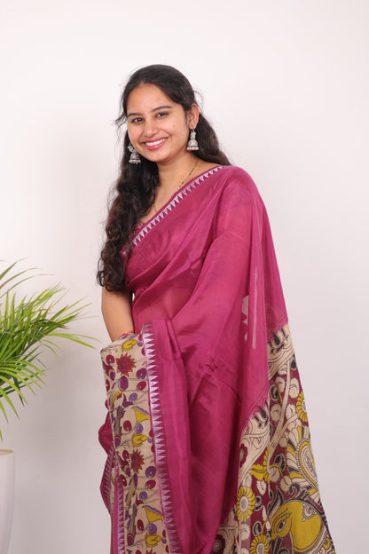 Magenta Plain Gap Border Kalamkari Premium Chennur Silk Saree