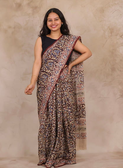 Maroon Hand Block Printed Kalamkari Chennur Silk Saree