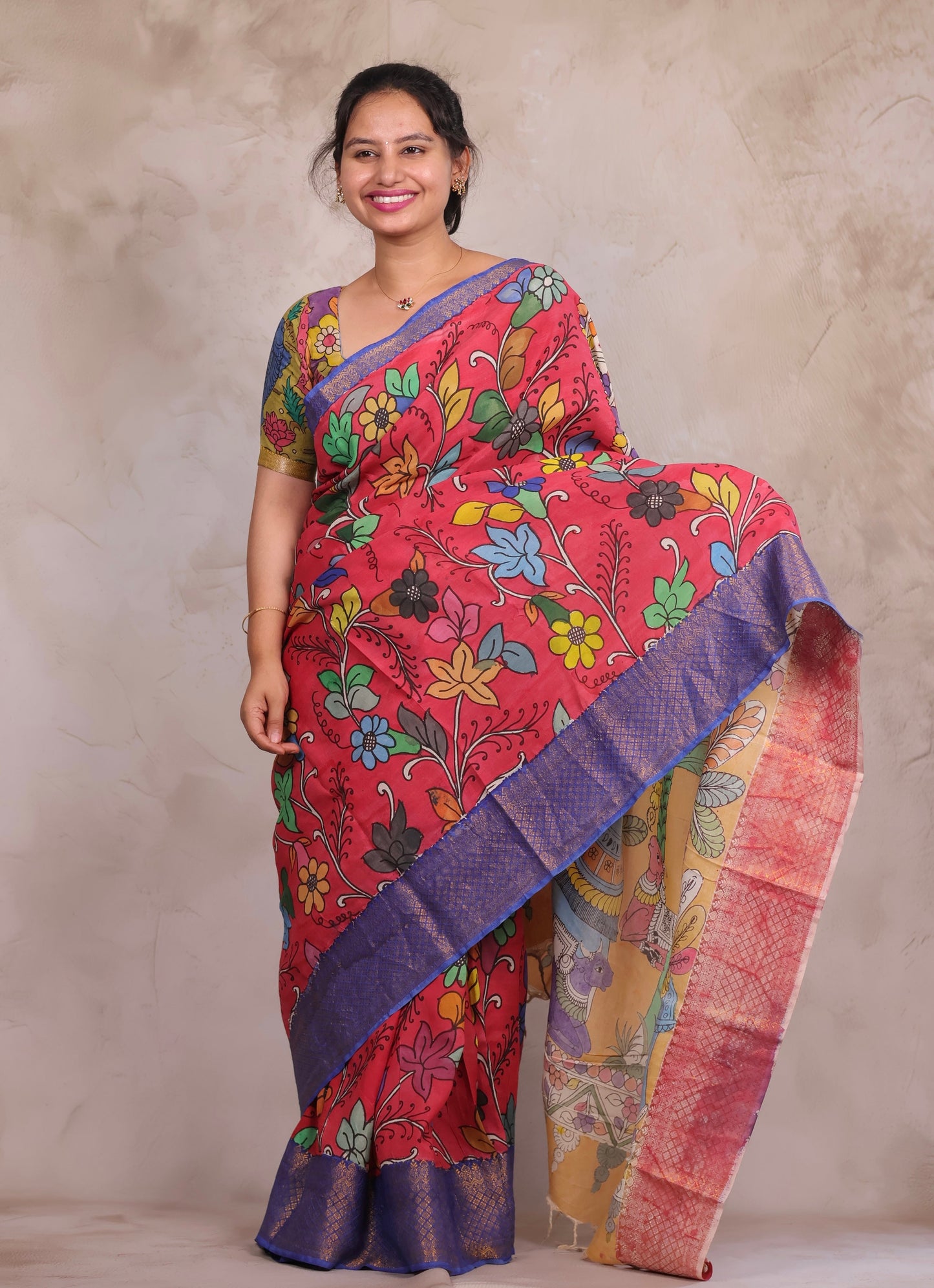 Hand Drawn Pen Kalamkari Pink And Blue Bangalore Silk Kanchi Border Saree