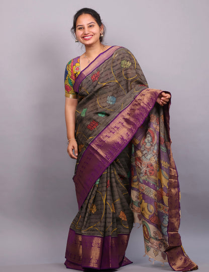 Grey Hand Drawn Pen Kalamkari Uppada Silk Kuppadam Border Saree