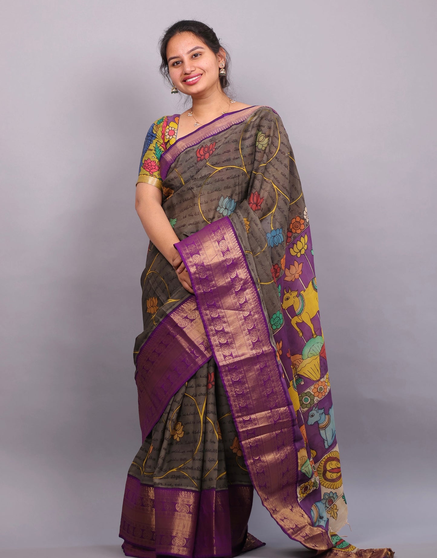 Grey Hand Drawn Pen Kalamkari Uppada Silk Kuppadam Border Saree