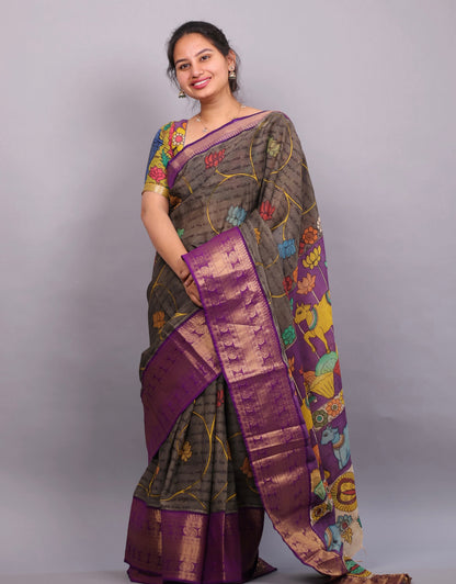 Grey Hand Drawn Pen Kalamkari Uppada Silk Kuppadam Border Saree