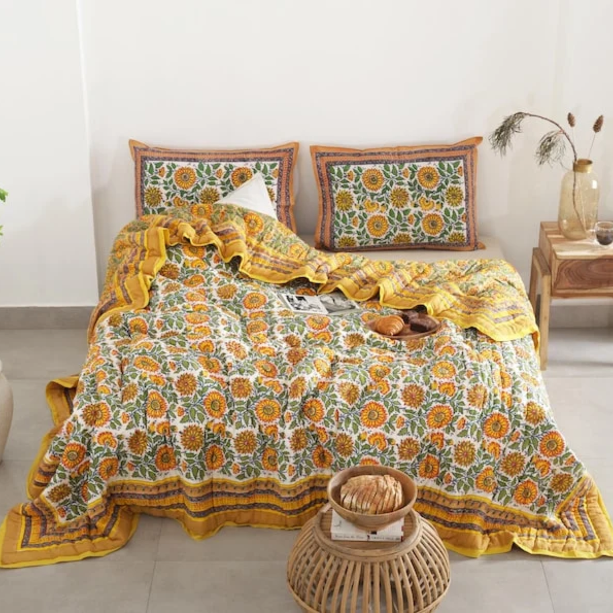 Yellow Sunflower All Season Cotton Hand Block Reversible Doona