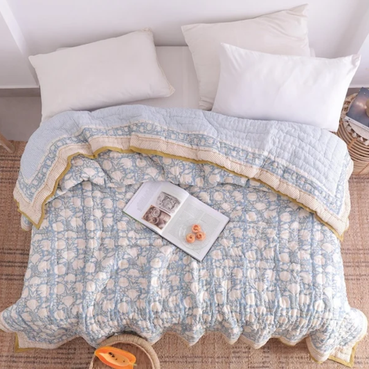 Hand Block Printed Dusty Blue Cotton Reversible Doonas