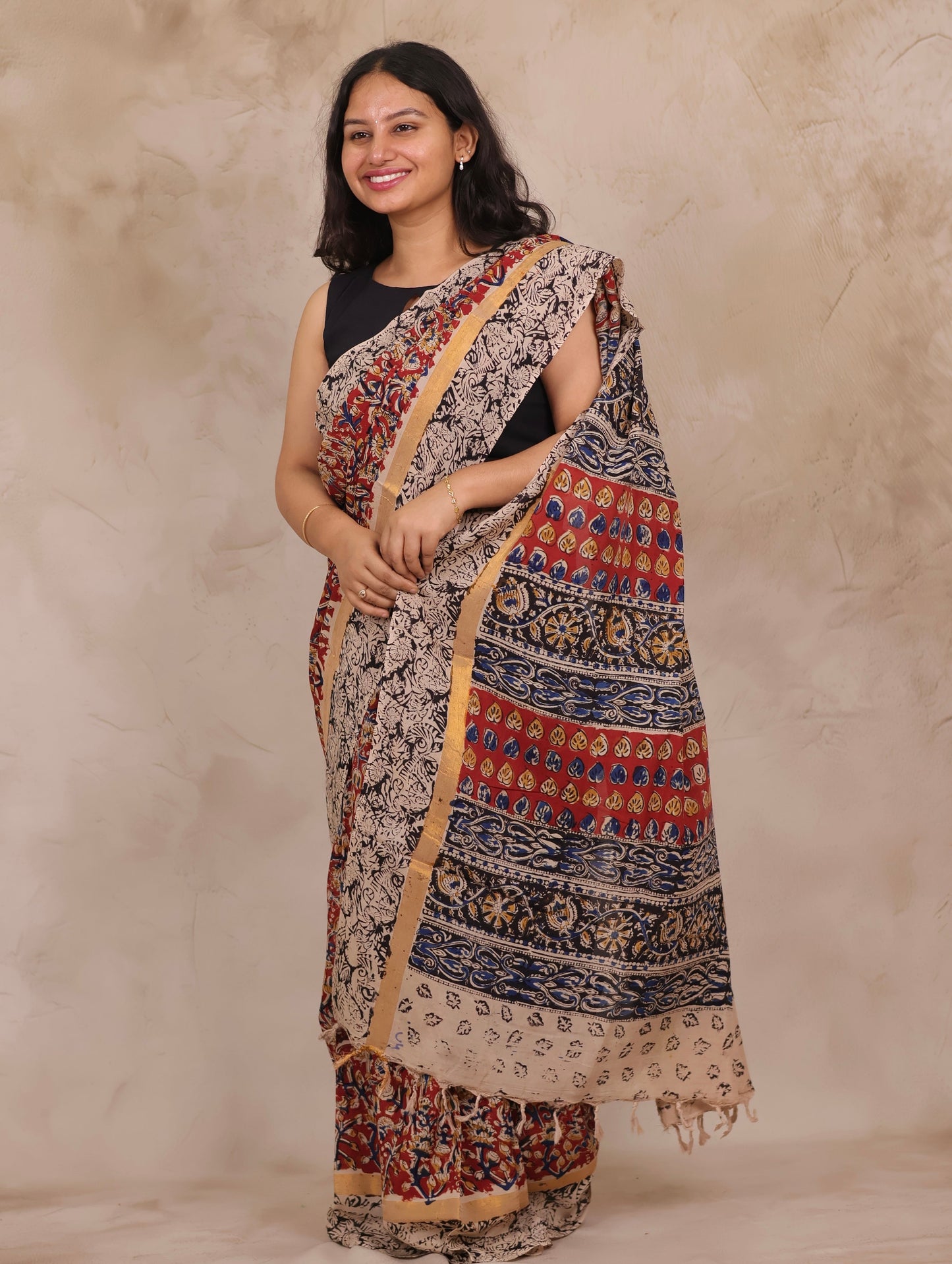 Red Hand Block Printed Kalamkari Chennur Silk Saree